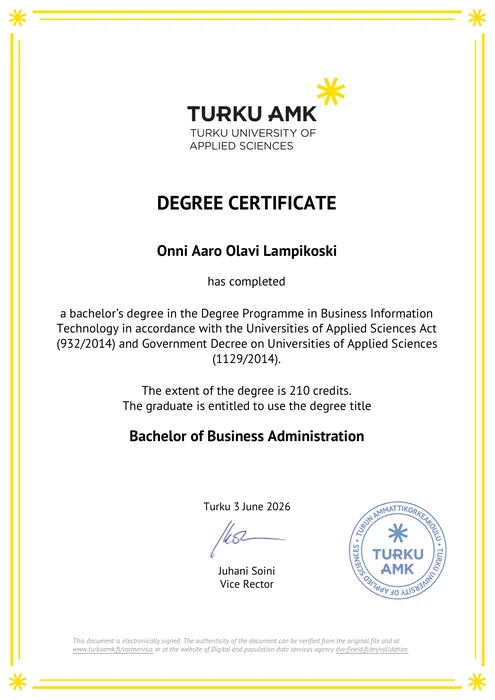 Degree certificate in English, Turku University of Applied Sciences